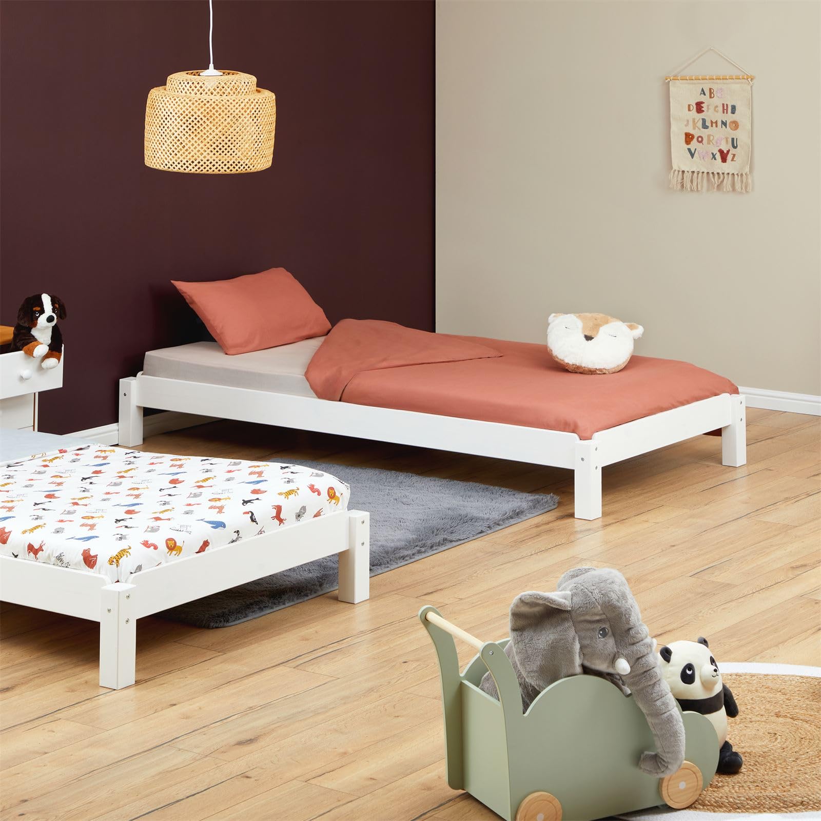 IDIMEX Stapelbett RINO 90x190 cm 2er Set in weiß aus Kiefer Massivholz, Kinderbett mit Gästebett aus massivem Holz, platzsparendes Stapelliege Massivholzbett