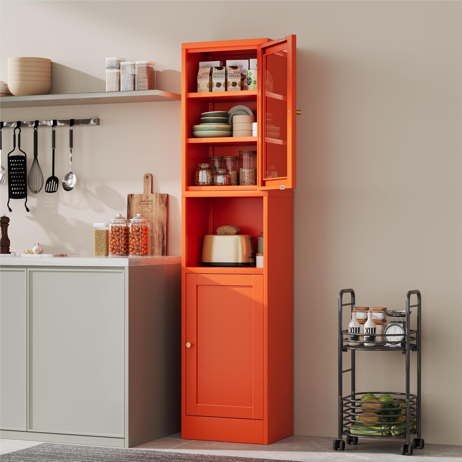 2-Door Metal Storage Cabinet, Tall Slim Pantry Organizer with 3 Adjustable Shelves (120LBS/Shelf), Anti-Tipping Waterproof Cabinet for Bathroom/Kitchen/Home Office/Small Spaces,(1PC,Orange)