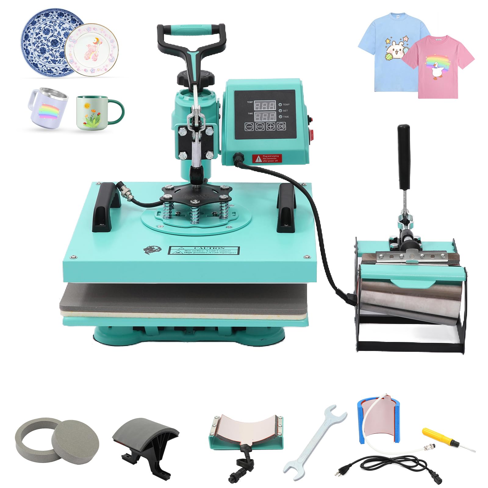 Prensa térmica 6 en 1 de 15 x 15 pulgadas, prensa térmica de sublimación con giro de 360 ​​grados, transferencia térmica digital multifunción, combinación para camisetas, gorras, tazas, platos, almohadas y bolsas.