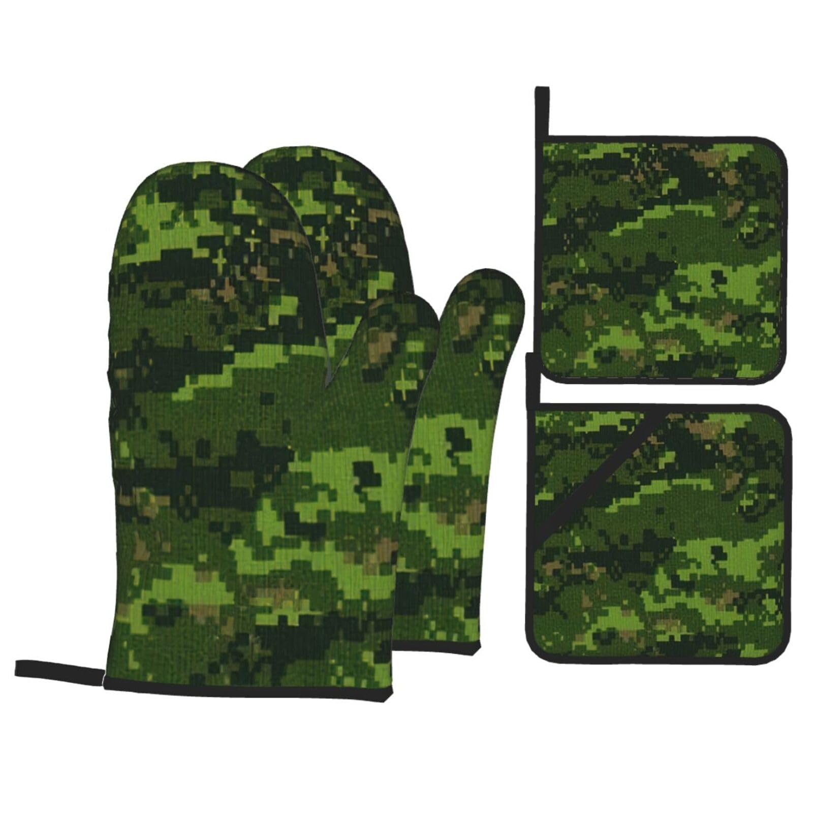 Green Army Digital Camouflage Print 4-Piece Oven Microwaving Set Waterproof Kitchen Gloves for Baking Grilling Cooking