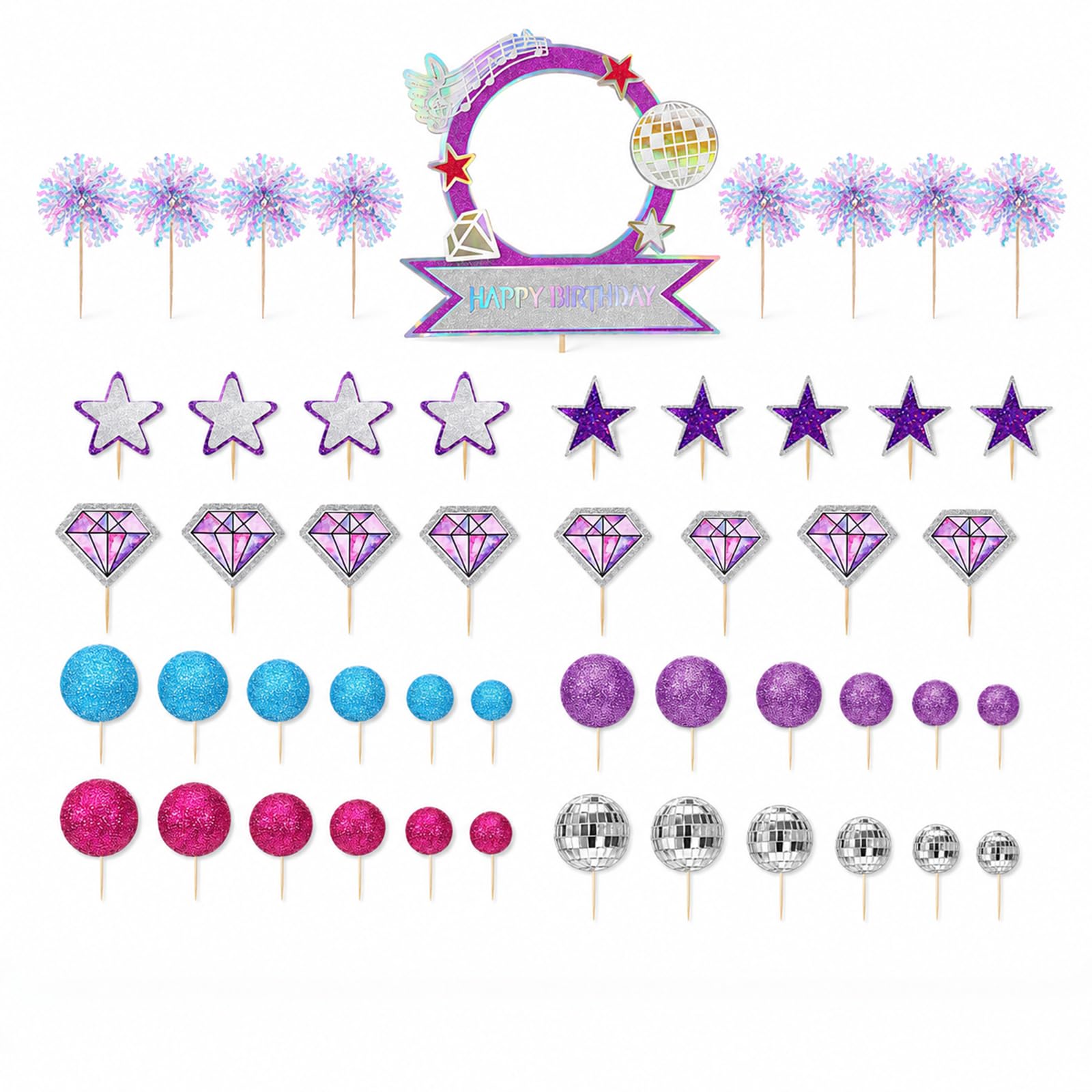 51 PCS Kpop Cake Topper, Paper & Foam Kpop Cake Decorations with 6 Types, K Pop Birthday Cakes Decorations for Girl Teen Fan Enthusiast, Cake Toppers Girls for Birthday Wedding Party Supplies Purple
