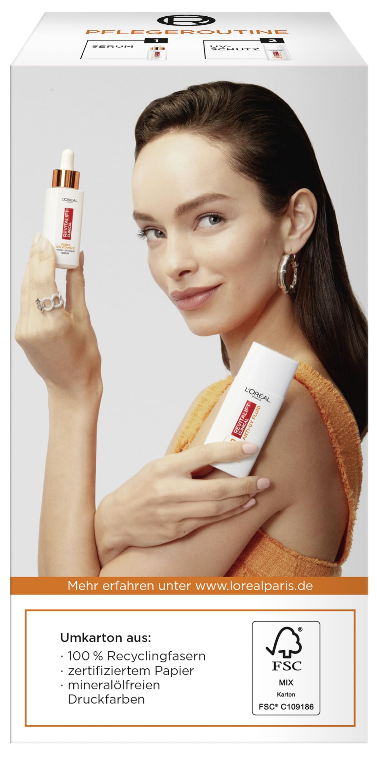 L'Oréal Paris Gesichtspflege-Set mit Vitamin C Serum und Anti-UV-Fluid mit LSF 50+, Für einen strahlenden Hautton, Gegen erste Anzeichen der Hautalterung, Revitalift Clinical Vitamin C, 30 ml + 50 ml