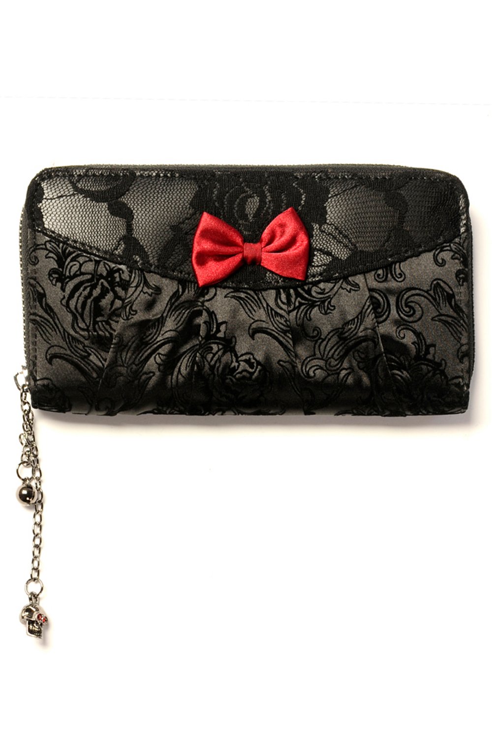 Lost QueenVictorian Gothic Princess Velvet Skull Flocked with Bows Zip Around Wallet