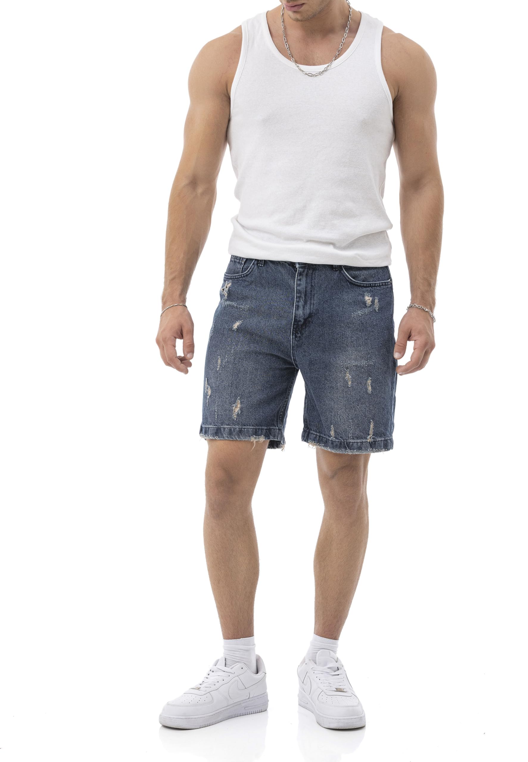 Redbridge Pantalones cortos vaqueros para hombre, bermudas vaqueras con aspecto desgastado, corte regular de 5 bolsillos, longitud hasta la rodilla con dobladillo flequillo
