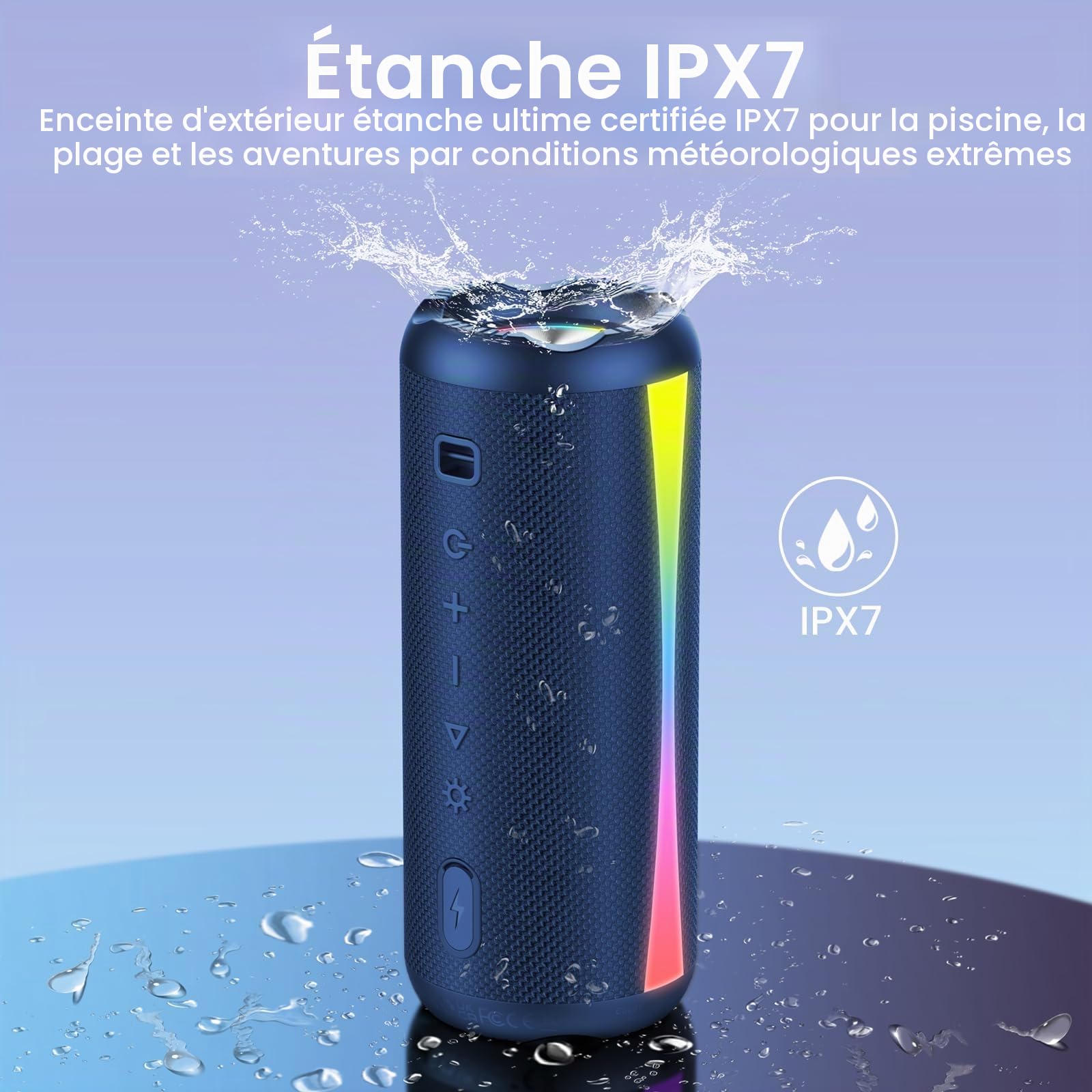 Enceinte Bluetooth 5.4 avec lumières RVB, boîte à Musique Portable, Fonction Mains Libres, Batterie 20 h, étanche IPX7, jumelage TWS Son Fantastique, Convient pour l'extérieur et Les fêtes