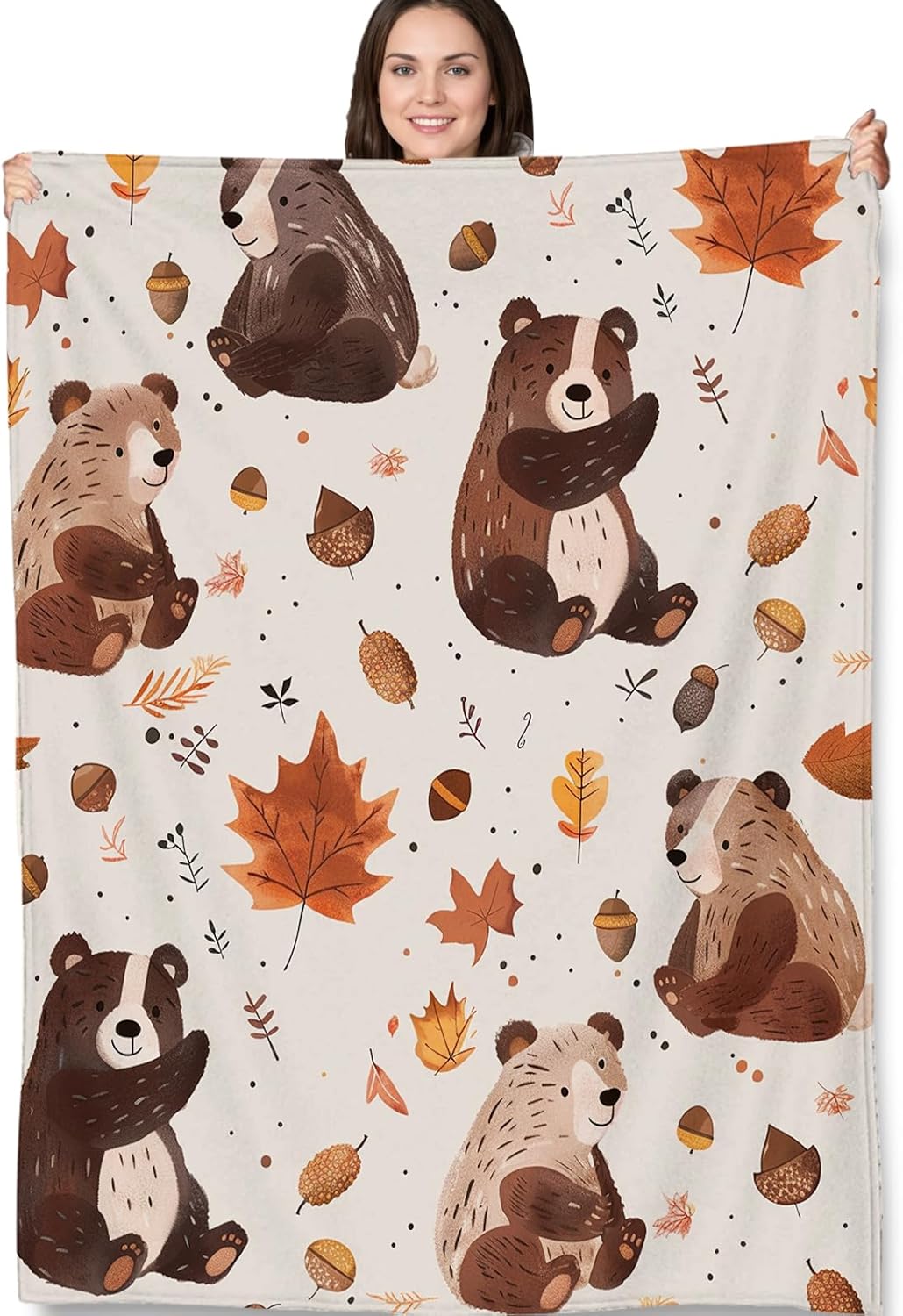 Bear Pattern Blanket Gifts, Cozy Autumn Bears with Leaves Fleece Throw, Soft Lightweight Blanket for Kids and Nature Lovers, Perfect for Bedroom, Living Room 50×60 in,Decor