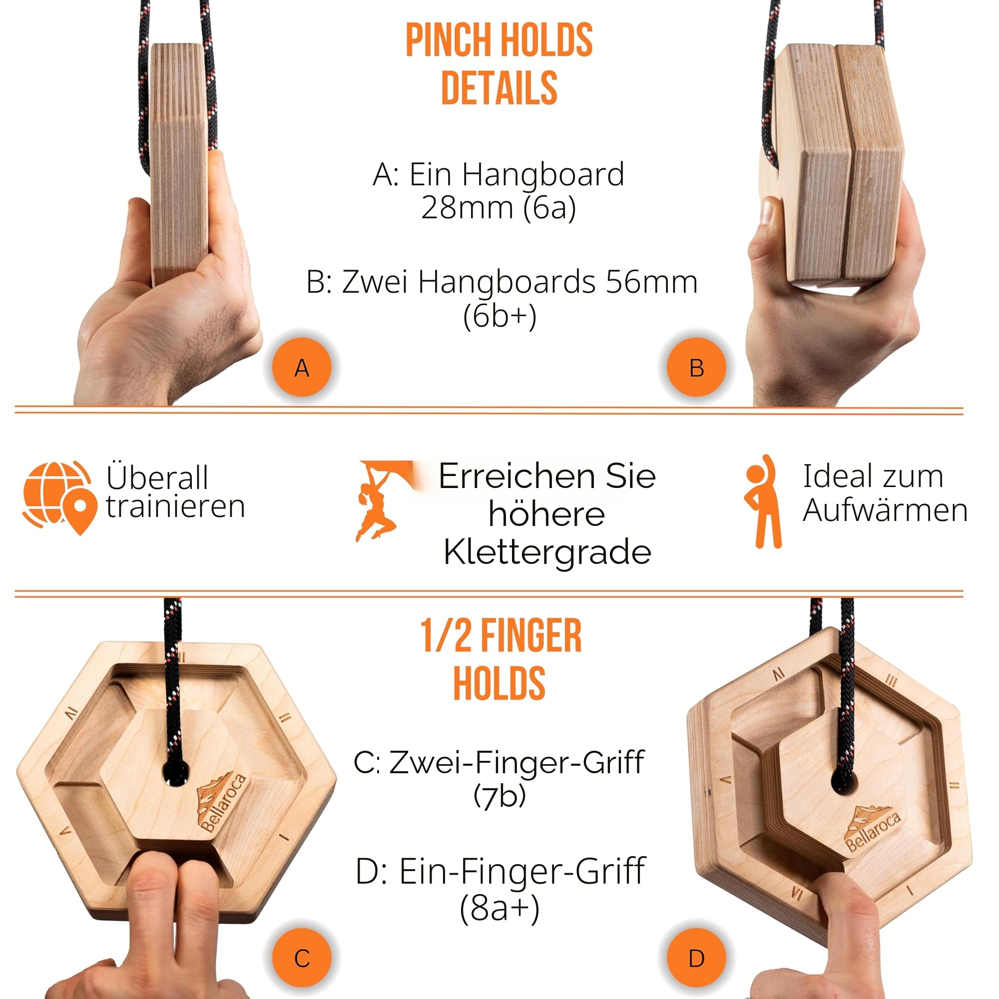 Bellaroca® Tragbares Hangboard für Klettern und Bouldern – Kletterboard aus Holz mit Verstellbaren Gummi-Einsätzen, 12+ Griffvarianten und Fingertrainer für Bouldertraining