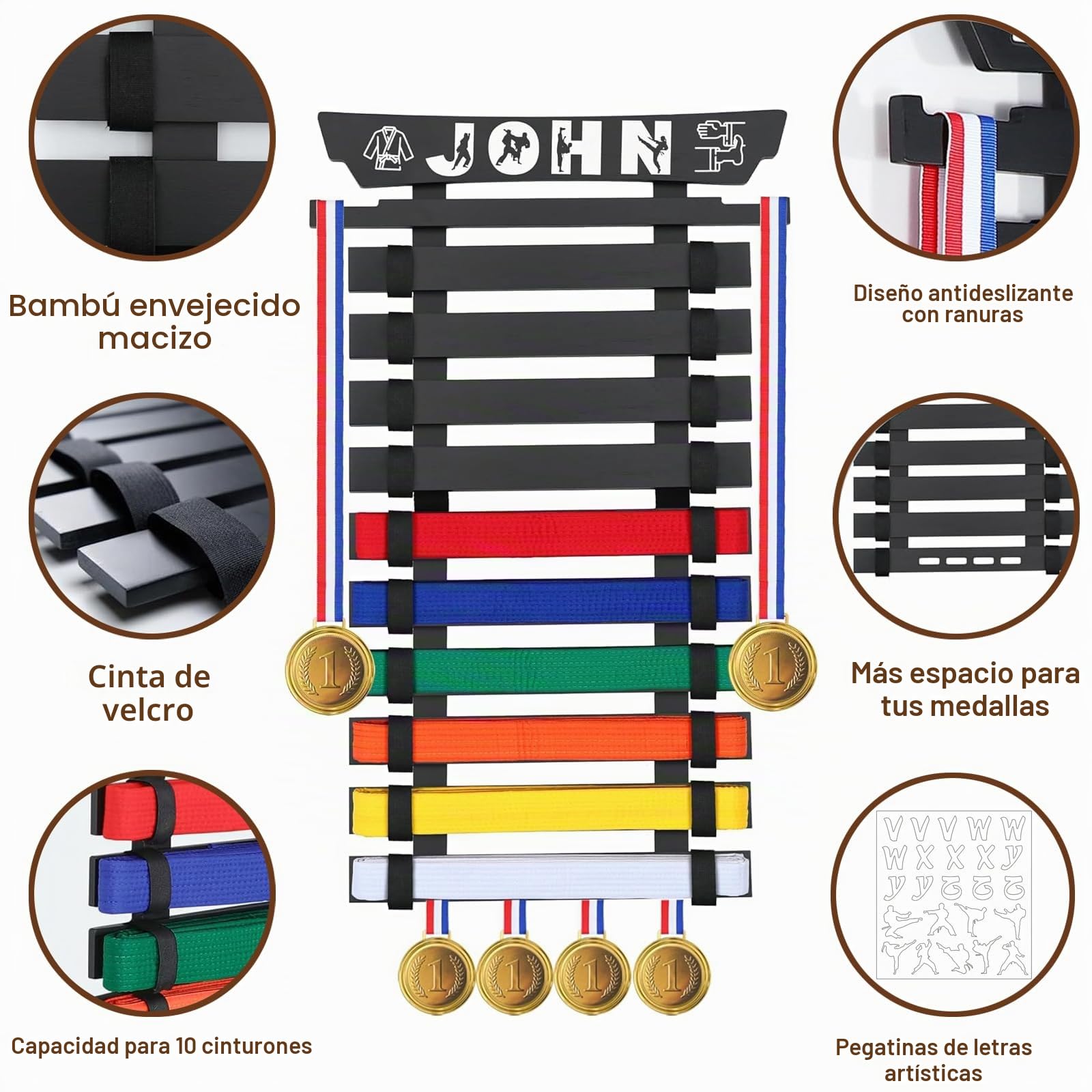 Soporte de Cinturones de Artes Marciales, Soporte de Pared para Cinturón de Judo, para 10 Cinturones de Artes Marciales, Expositor de Cinturón Taekwondo para Artes Marciales, Karate