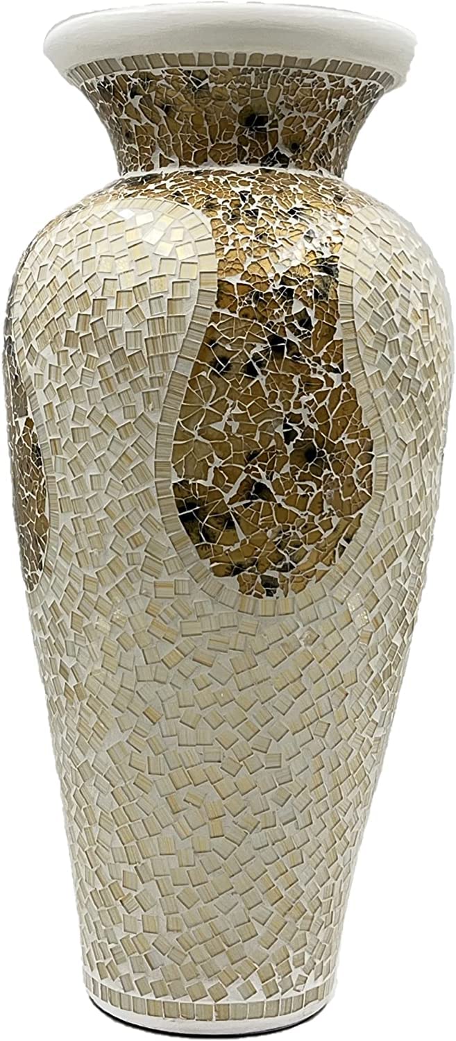 Zorigs Floor Vase, 18 Inch Mosaic Vase – Tall Cylinder Made of Terracotta with Light Caramel and White Glass Mosaic Pieces – Handcrafted Decorative Home Décor Accent Piece for Bedroom, Living Room