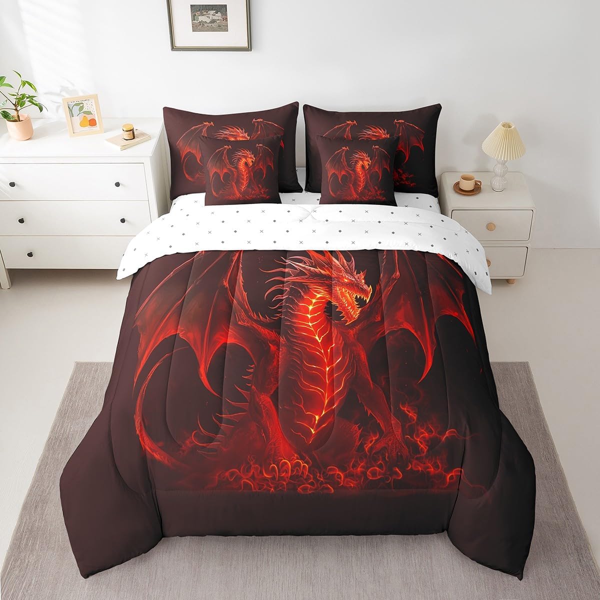 Castle Fairy Dragon Queen Comforter Set with Sheets 7 Pcs,Fire Dragon Comforter Blanket,Western Style Wild Animal Bedding Sets with Comforter,Flat Sheet,Fitted Sheet,Pillowcases and Pillow Covers
