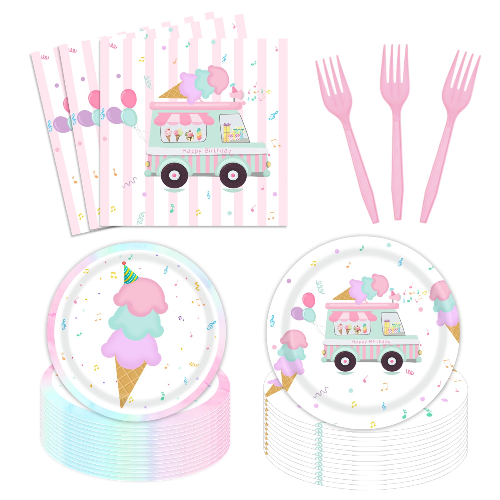 96 Pcs Ice Cream Birthday Tableware Set Ice Cream Truck Shop Party Supplies Summer Here's The Scoop Sweet Happy Birthday Decorations for Girls with Paper Plates Napkins Forks Serves 24 Guests