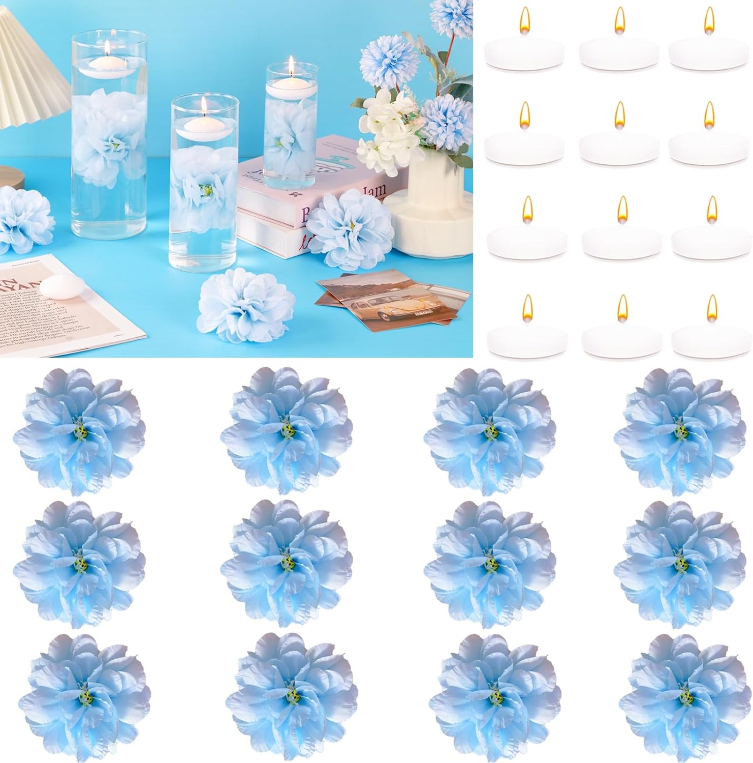 24 Pcs Floating Candles for Centerpieces and Floating Flowers Vase Fillers for Centerpieces Artificial Blue Flowers for Wedding Party Home Table Decoration