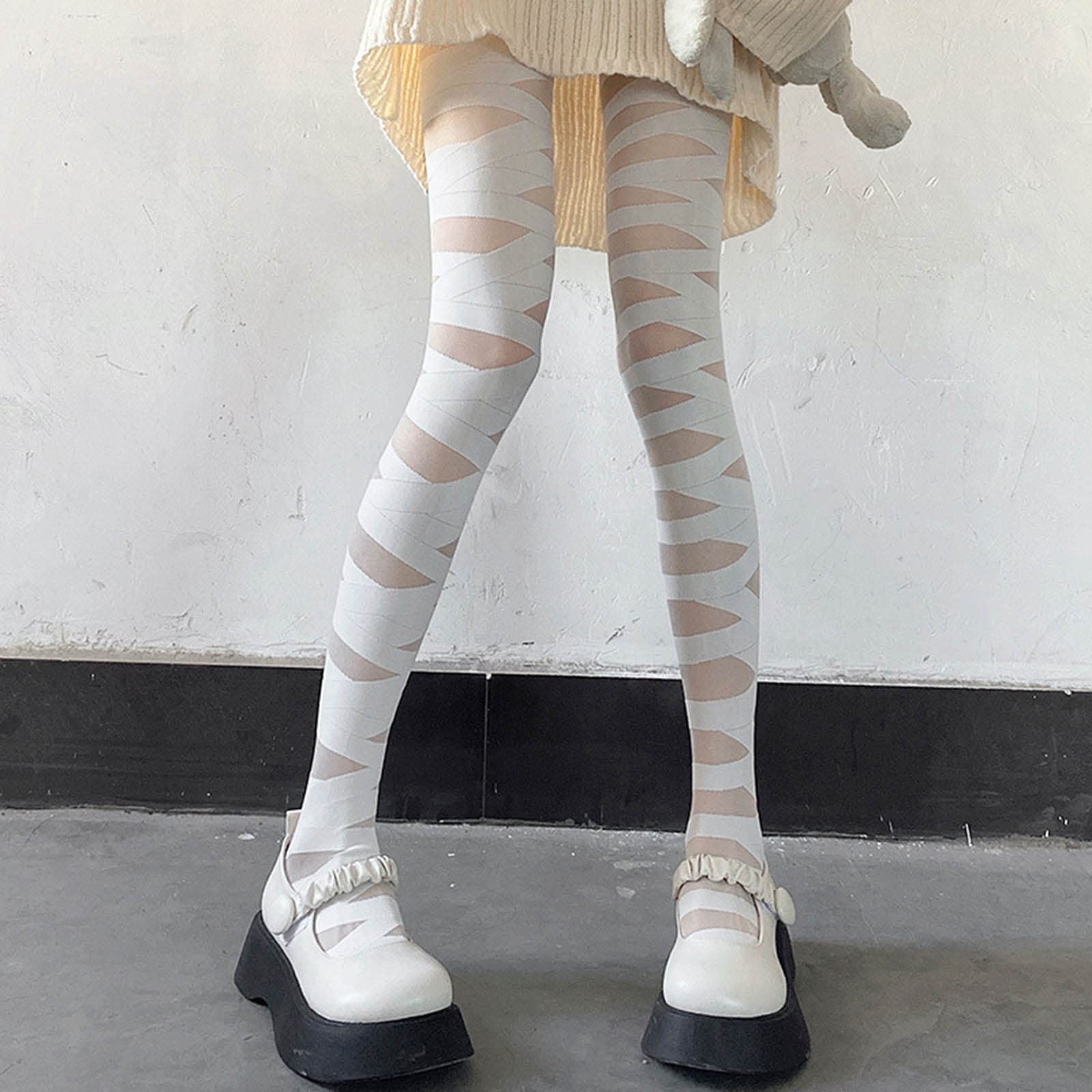 OFFILICIOUS Medias huecas de alta elasticidad, ajustadas, vendaje entrecruzado, piñas, calcetines negros, medias penetrantes en la piel para mujer