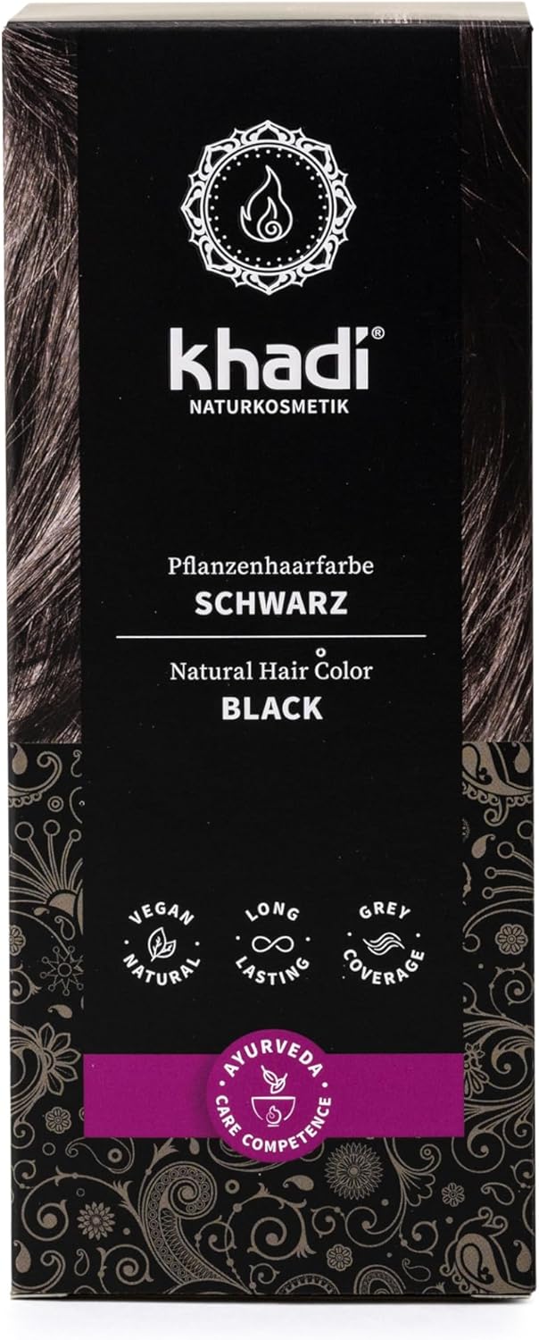 khadi BLACK Vegetable Hair Color, Mysteriously Dyes Your Hair Deep Black, Without Blue Tone, 100% Vegetable, Natural & Vegan, Certified Natural Cosmetics, 100g