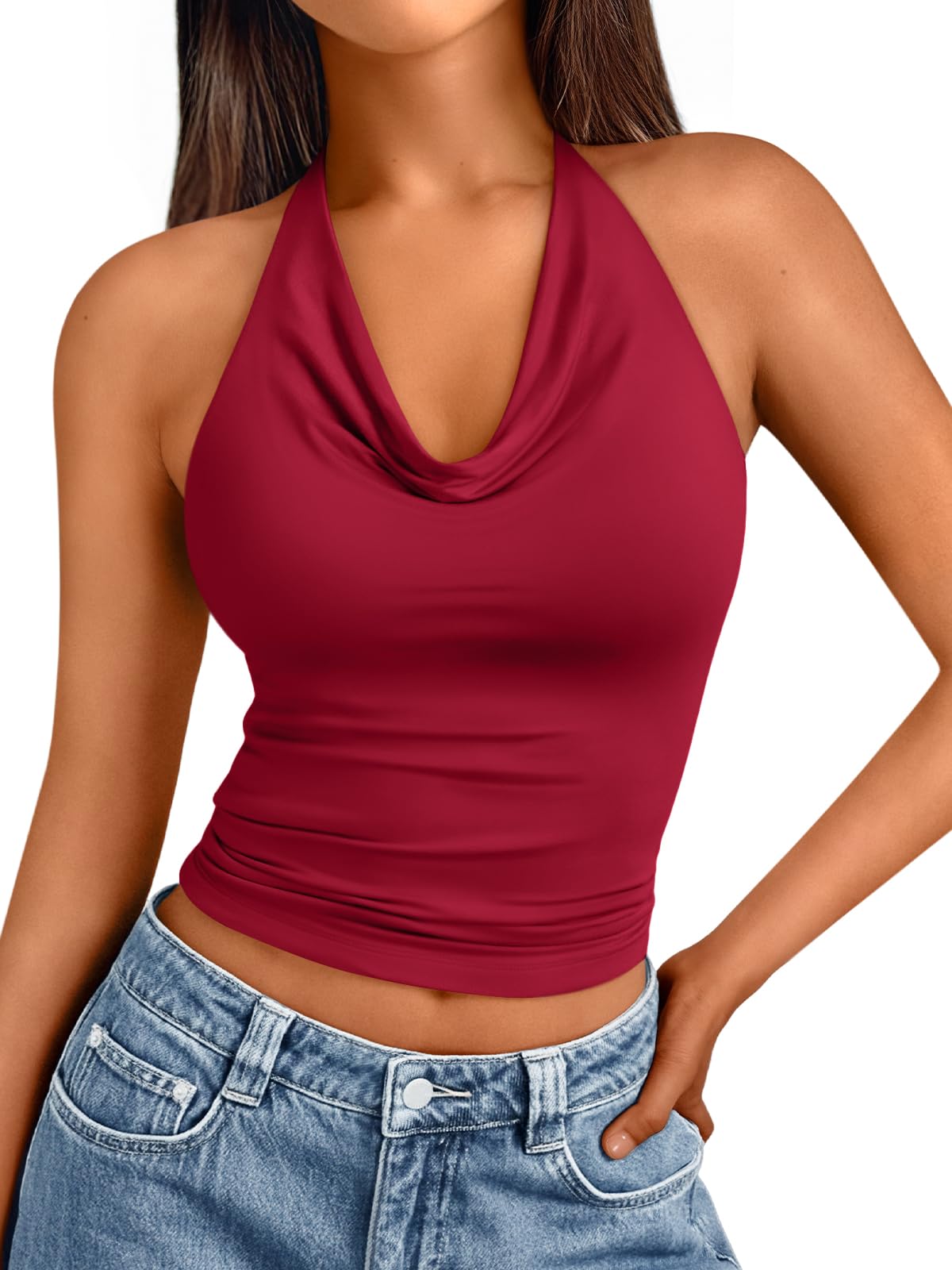 Trendy QueenWomens Summer Halter Tops Going Out Crop Top 2025 Fashion Cowl Neck Shirts Backless Sexy Cute Y2K ClothesOEKO-TEX STANDARD 100