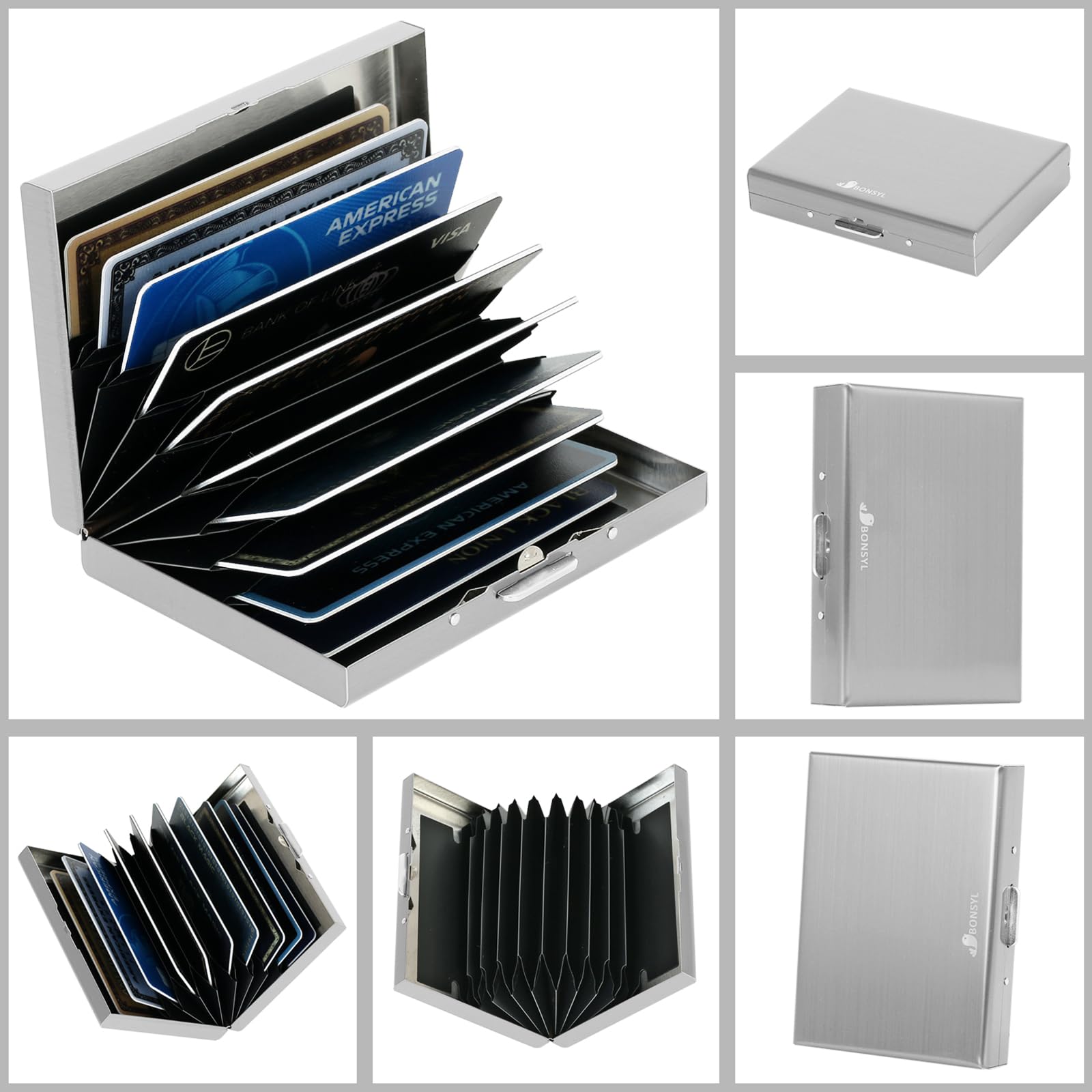 Portfel Etui na Karty Kredytowe z 10 Przegródkami, Minimalistyczny Smukły Metalowy Ochraniacz na Karty Zbliżeniowe RFID dla Mężczyzn i Kobiet. (10 Kart-Srebro)