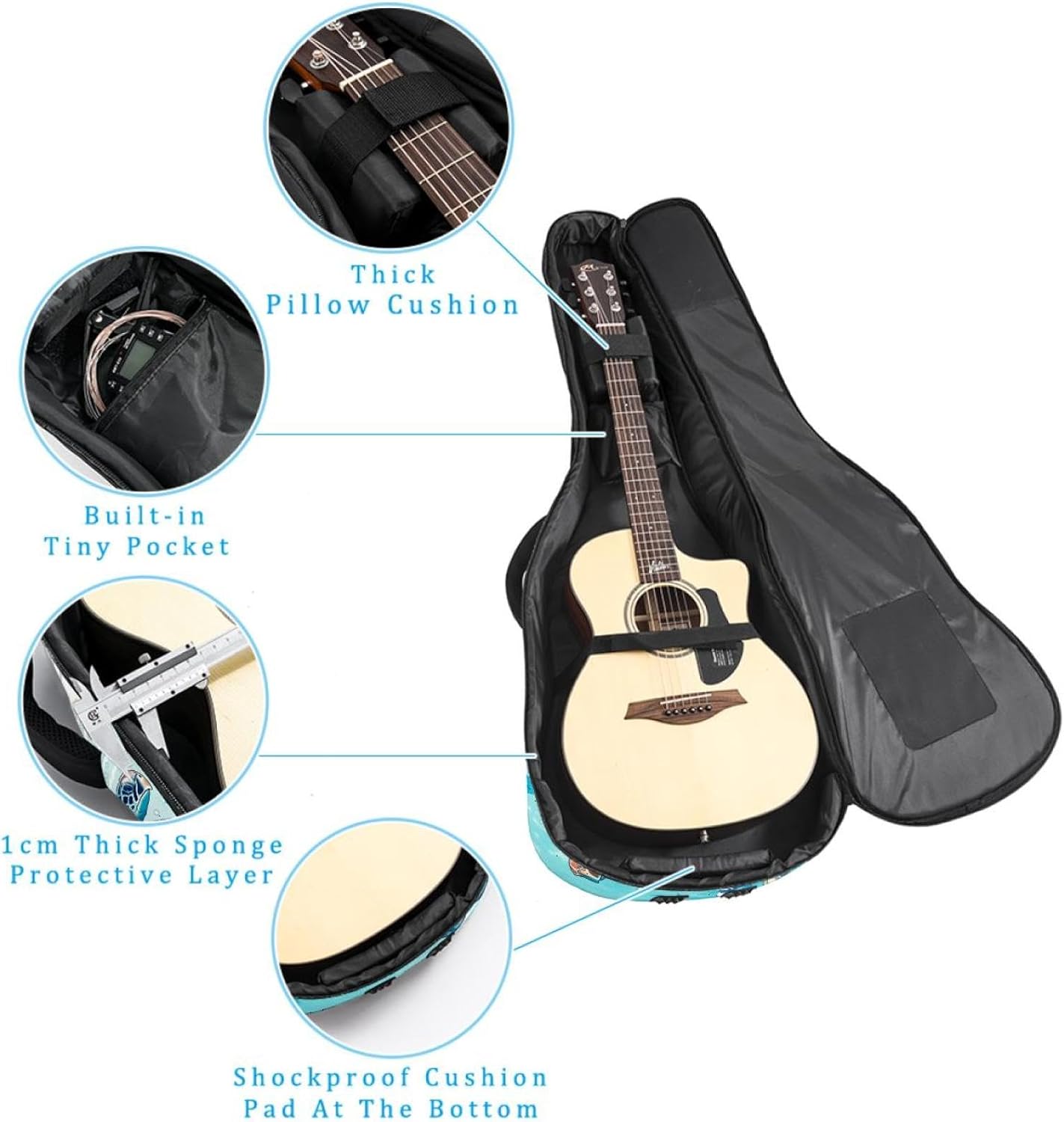 40/41/42-inch Marine Coral Turtle Acoustic Guitar Bag With Adjustable Shoulder Strap And 2 Storage Bags. Guitar Bag With Back Hanging Loop, Electric, and Classical Guitars