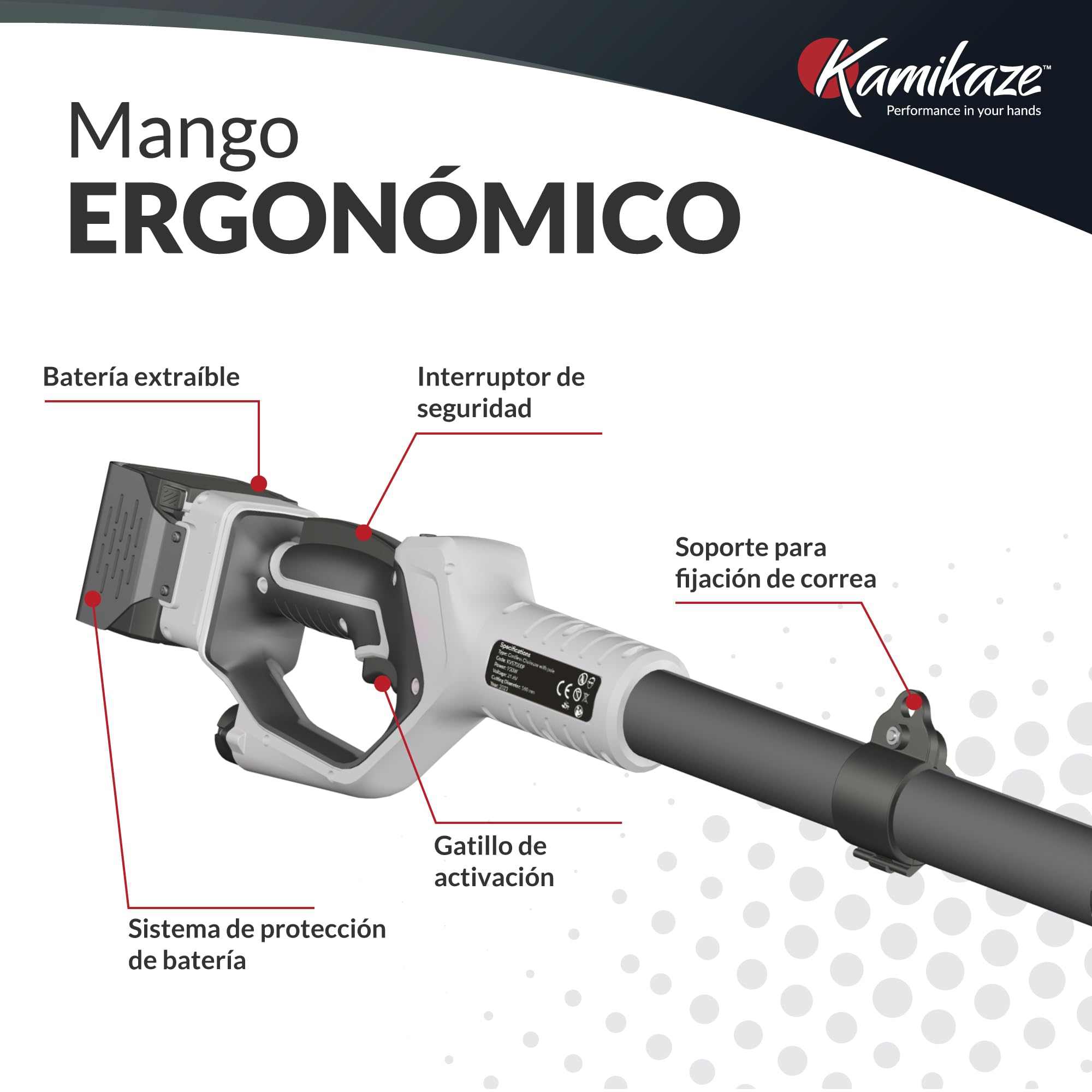 KAMIKAZE Sierra Extensible Eléctrica Inalámbrica Profesional - Corte Ø 160 mm, Motor Sin Escobillas, Potencia 950W, Telescópica hasta 2.5m, Pantalla, 2 Baterías de Litio, Arnés, 3 Años de Garantía,