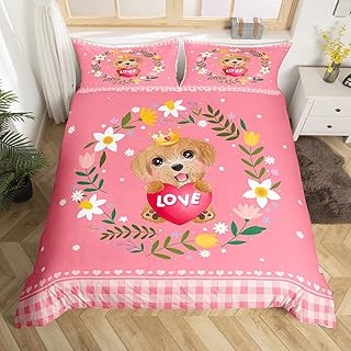 Erosebridal Kids Dog Comforter Cover Puppy Animal Bed Set, Cartoon Love Print Duvet Cover Twin Size Geometry Grid Checkered Bedding Set, Colorful Flowers Bedspread Cover Breathable, Pink