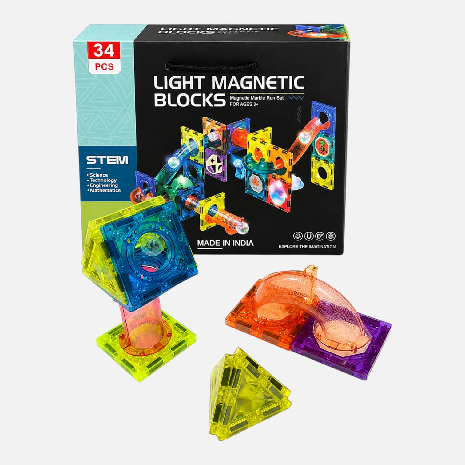 Light Magnetic Blocks Marble Run Set 34 PCS STEM Magnetic Building Tiles Construction Toy Educational Learning & Creative for Kids Boys & Girls Age 3+ Multicolor-image-2