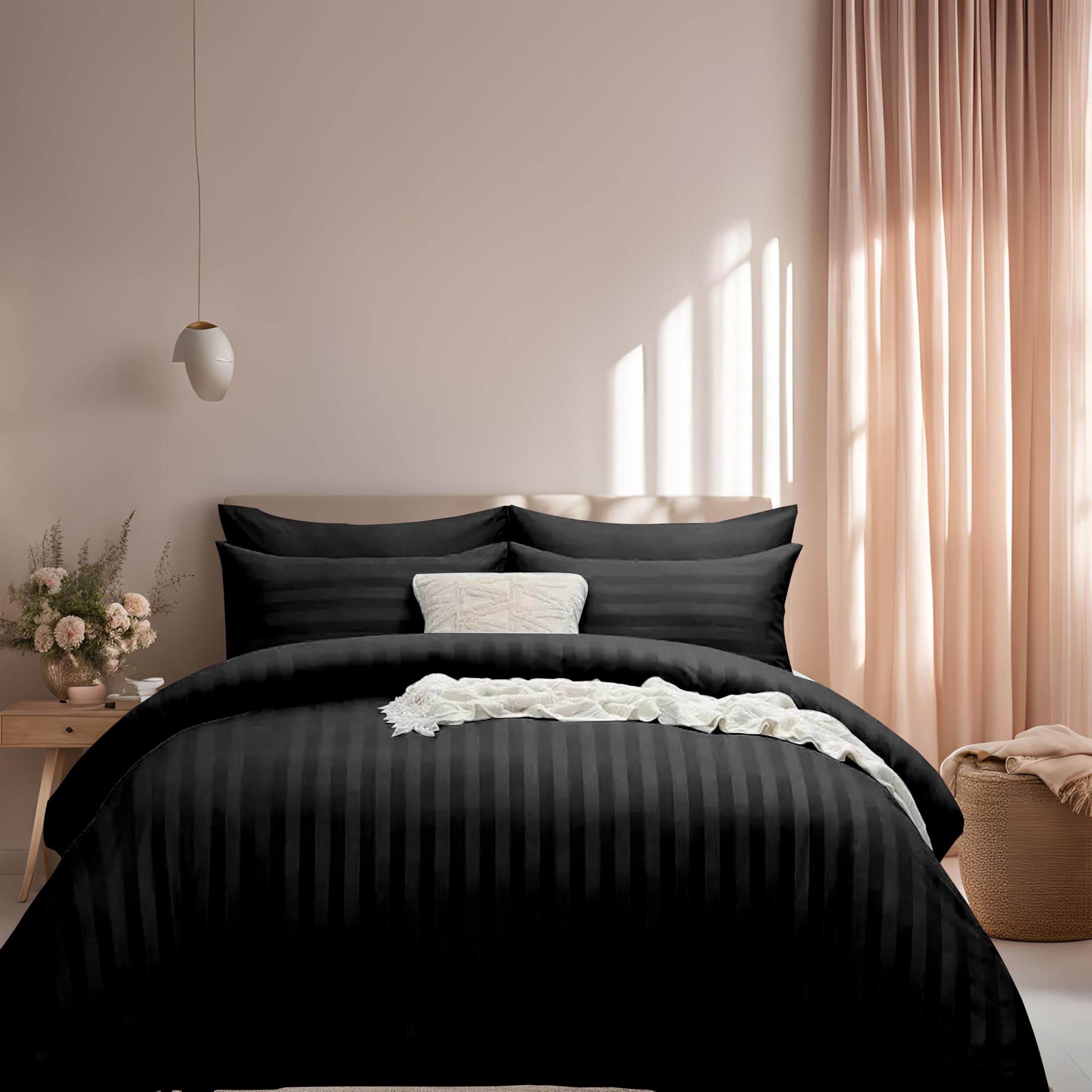 J.din Black Single Satin Stripe Duvet Cover Bedding Set & Pillowcase,