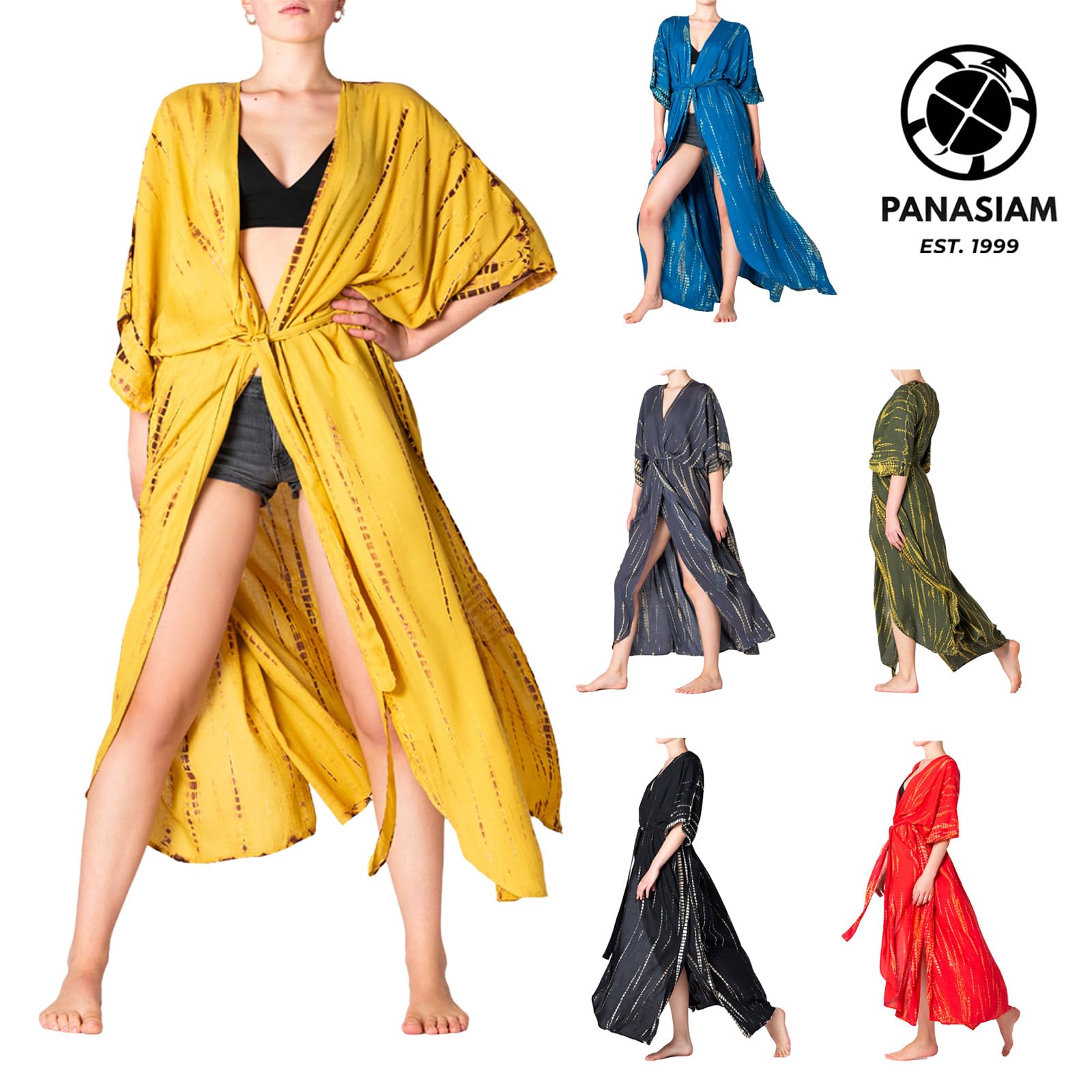 PANASIAM Kimono Batik Mujer - Maxi Salida de playa - Pareo Holgado | Túnica de playa de viscosa, Kimono ligero, Cubre bikini, con cinturón para anudar, Estilo boho, Talla M-XL