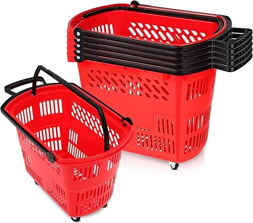 Cesta de compras de gran capacidad con asas, cestas de compras de plástico duradero de 35 litros con ruedas, cesta de comestibles portátil para