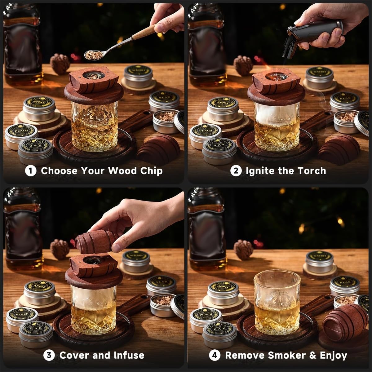 Kit per Affumicare in Botte di Legno, Affumicatore per Whisky e Cocktail, Kit per Affumicare in Stile Antico, Infusore per Affumicatore, Regalo Perfetto per Bar di Casa per Uomini, Papà, Mariti