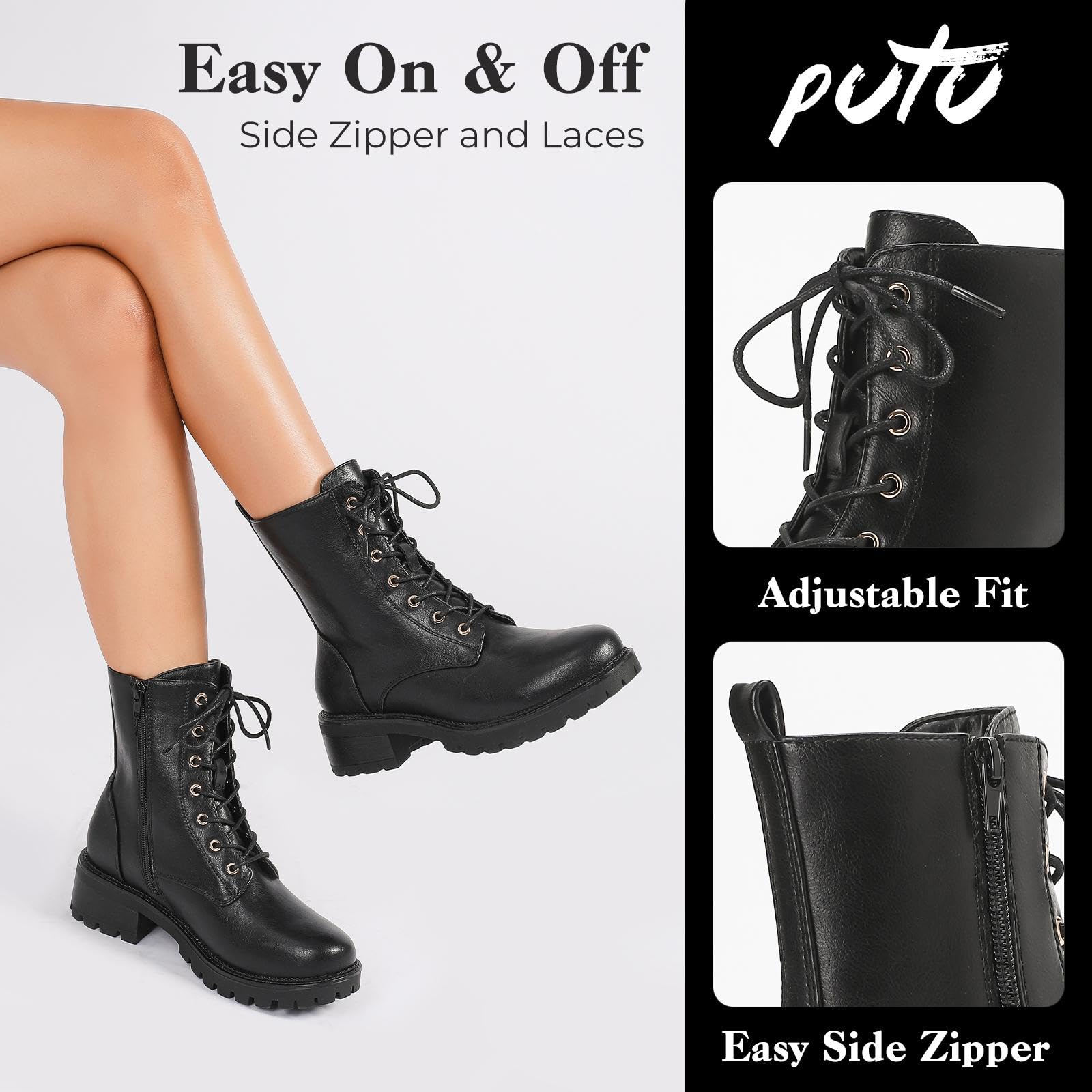 Putu Bottines Femme à Lacets et Fermeture Éclair, Bottes avec Semelle Antidérapante, Style Tendance et Faciles à Porter 36-42