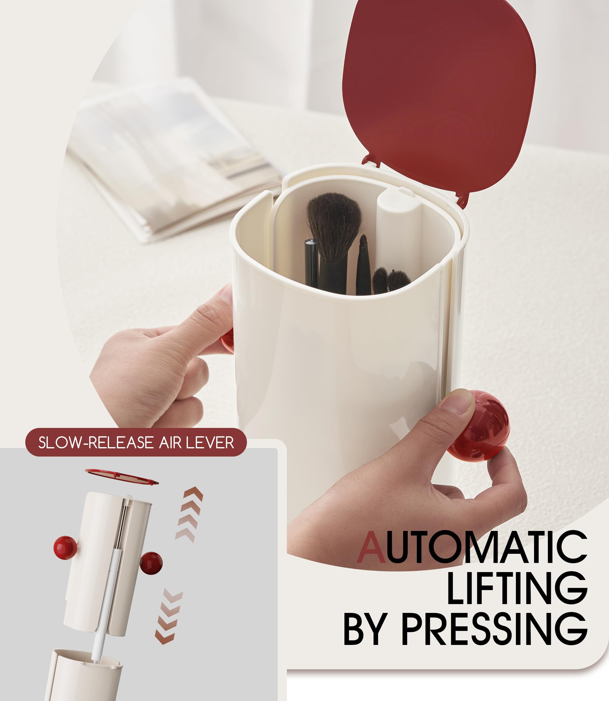 Sonnorel Makeup Brush Organizer, Automatic Lifting Makeup Brush Holder with Cover Dustproof Storage Case (Red)