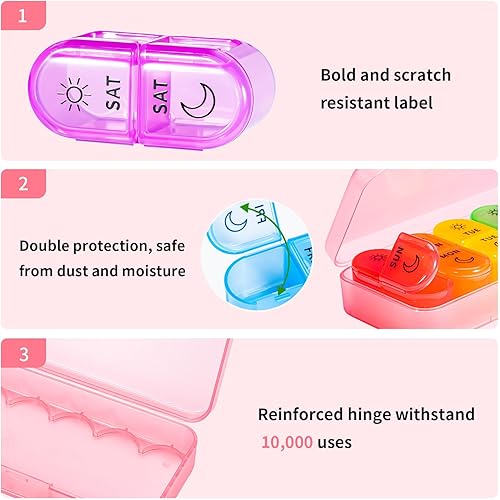 Miniatura 4 de Pastillero semanal 2 veces al día, pastillero de 7 días AM PM, pastillero de viaje portátil, pastillero diario día y noche, organizador de