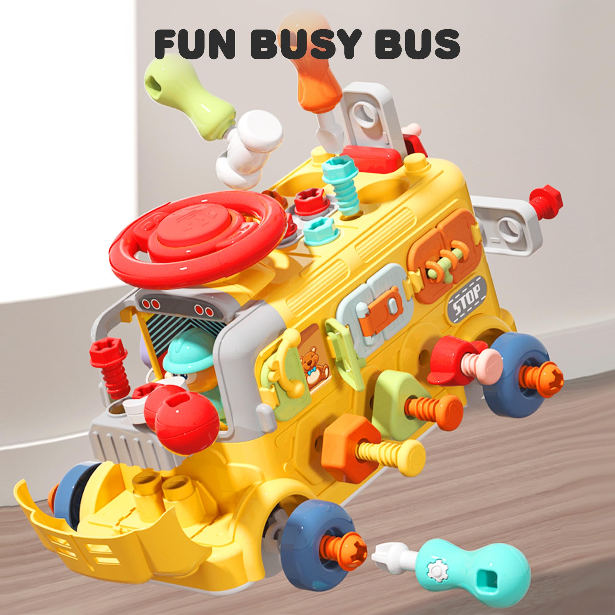 Juguete de autobús ocupado para niños pequeños, autobús escolar con herramientas, volante y engranajes, camión Push Go Assemble, juguete Montessori de aprendizaje STEM de motor fino 6