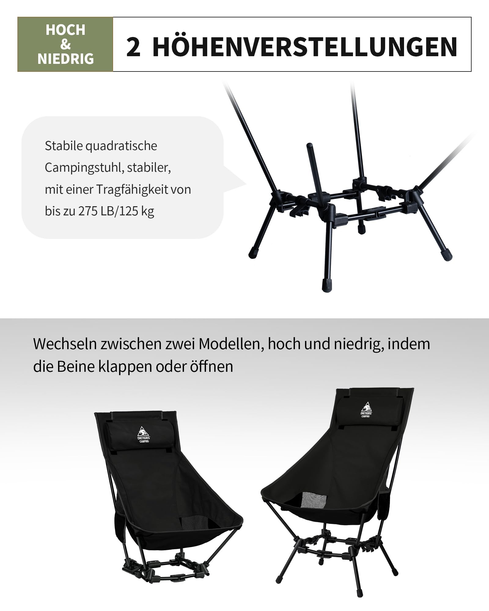 OneTigris DRAGONHIDE Krzesło kempingowe z wysokim oparciem, składane, 125 kg, lekkie, krzesło wędkarskie, z 2 kieszeniami bocznymi, do aktywności na świeżym powietrzu, wędrówek, czarne