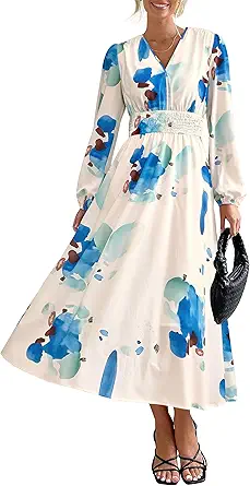 PRETTYGARDEN Women's Floral Midi Dress Casual Fall V Neck Long Sleeve Flowy Spring Beach Wedding Guest Vacation Dresses