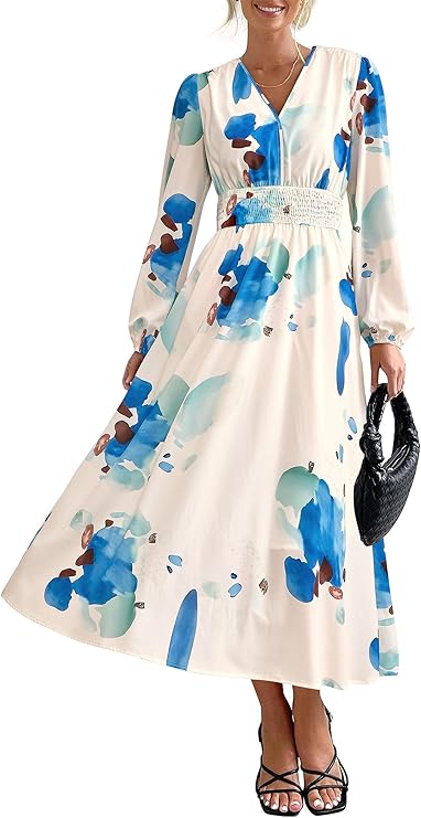 PRETTYGARDEN Women's Floral Midi Dress Casual Fall V Neck Long Sleeve Flowy Spring Beach Wedding Guest Vacation Dresses
