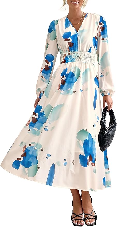 PRETTYGARDEN Women's Floral Midi Dress Casual Fall V Neck Long Sleeve Flowy Spring Beach Wedding Guest Vacation Dresses
