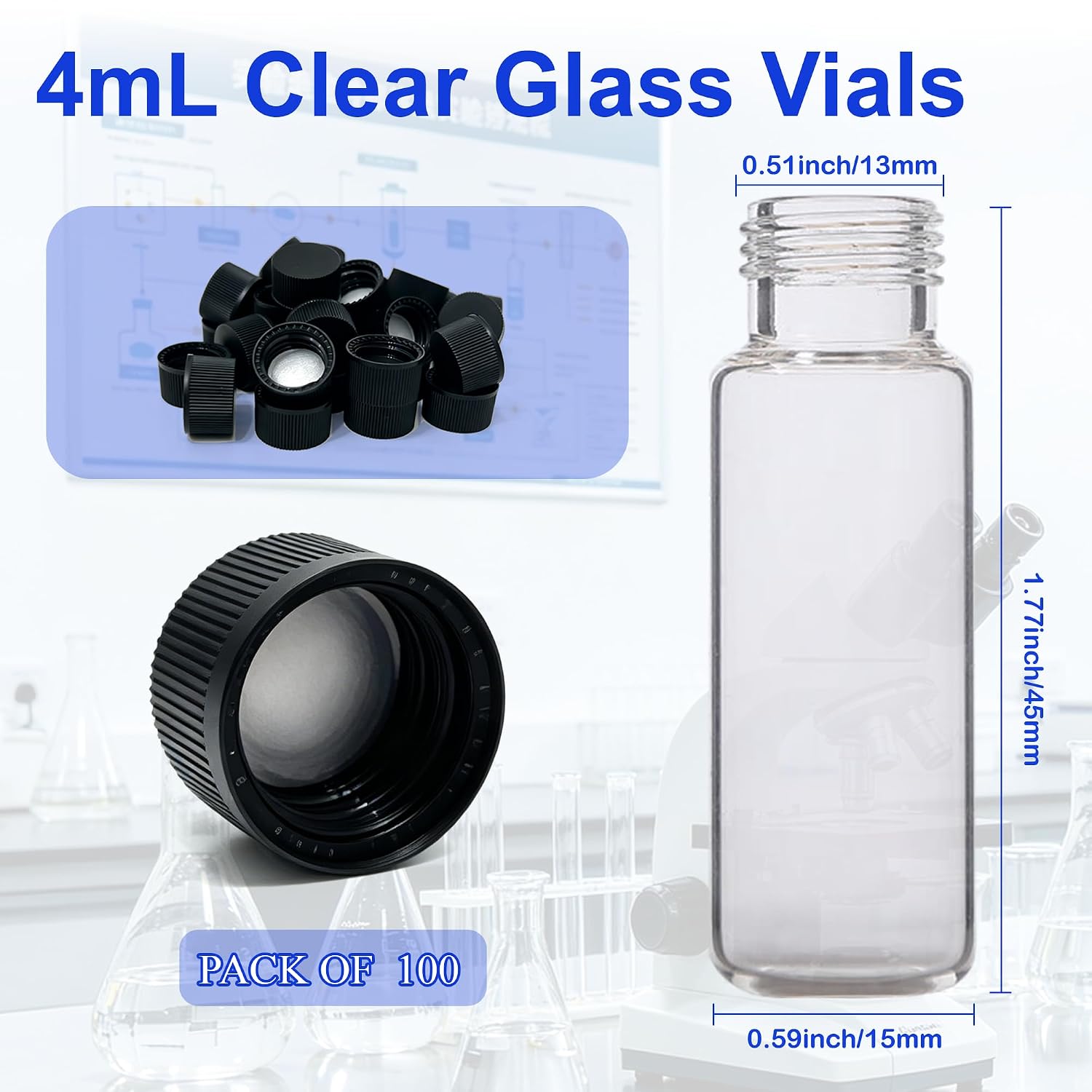 100 Pack 4ml Oil Vials with Caps, 1 Dram Small Glass Oil Bottles with Black PP Screw Caps, Clear Glass Vials for Essential Oils, Perfume, Lab Storage