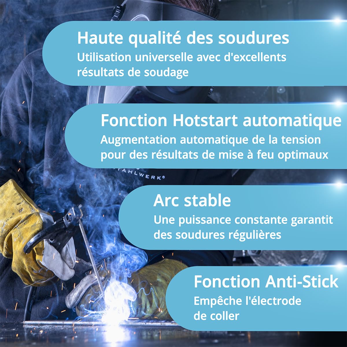 STAHLWERK Poste à souder à l'électrode ARC 200 Synergic Pro Digital – MMA jusqu'à 200 A, soudage sans gaz, Inverter Lift-TIG, Hotstart, fonction Antistick, Smart Cooling & protection surchauffe