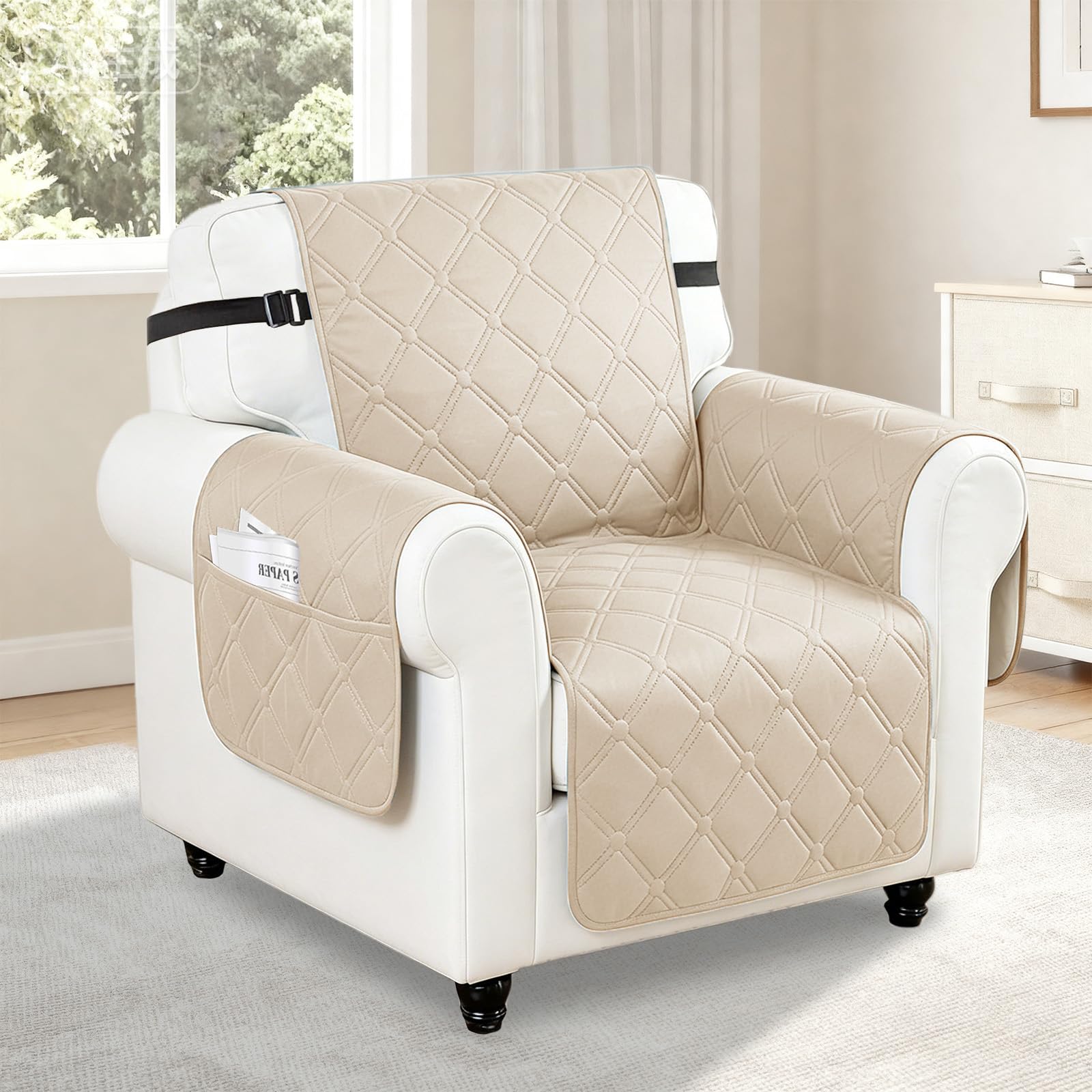 YushengTai Armchair Covers, 100% Waterproof, Anti-Slip, 1 Seater Recliner Chair Cover with Pocket and Adjustable Straps, Anti-scratch Recliner Sofa Covers Suitable for Pets (Beige)