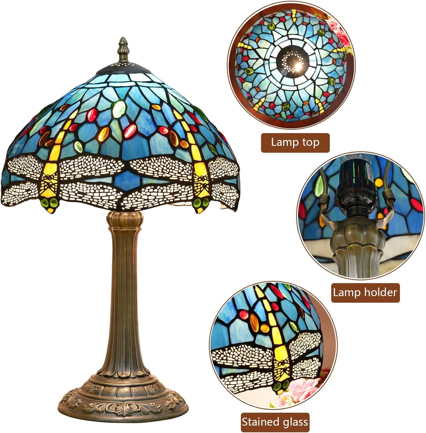 Lampa w stylu Tiffany'ego Witraż w stylu ważki Lampka nocna na biurko Lampka do czytania Wystrój Kochanka Dziewczyna Szafka nocna Sypialnia Salon Biuro w domu Komoda na biurko W12XH19 cali (a)
