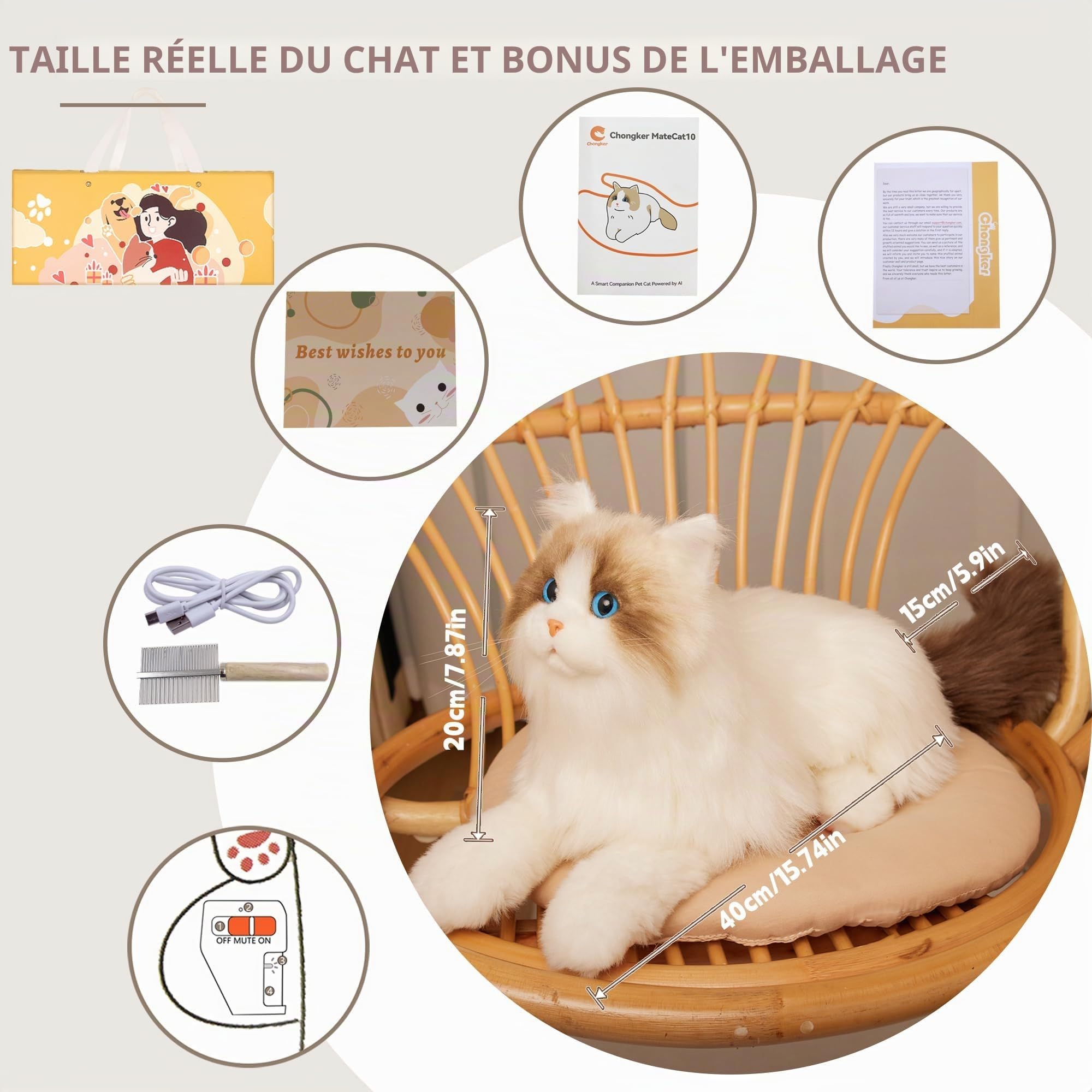 Chongker Jouet en peluche interactif chat robot pour enfants, mouvement bionique, ronronnement, battement de cœur