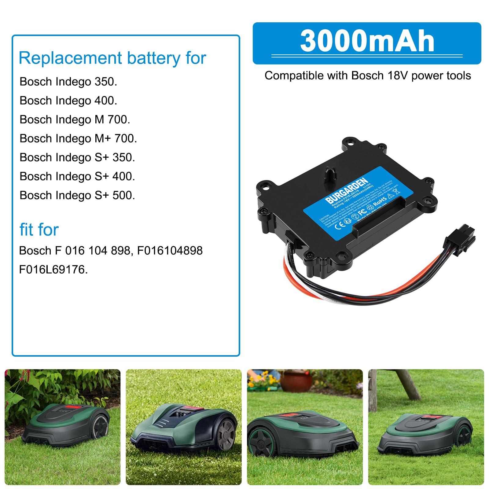 Akku Kompatibel mit Bosch Indego 350, 400, M 700, M+ 700, S+ 350, S+ 400 Rasenroboter Rasenmäher (Li-Ion, 3000mAh, 18V)