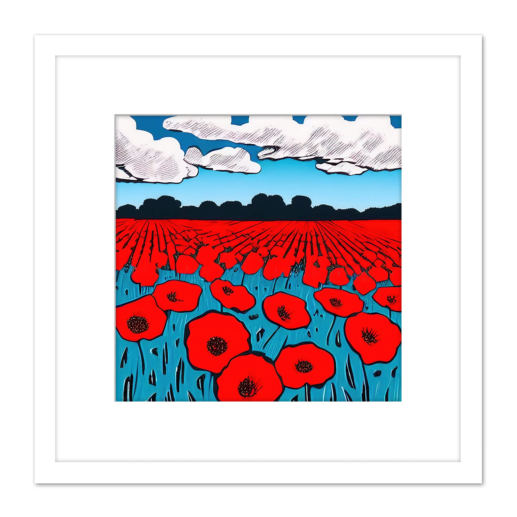 Wee Blue Coo Red Poppy Flowers In A Field Of Cerulean Blue Painting Square Wooden Framed Wall Art Print Picture 8X8 Inch