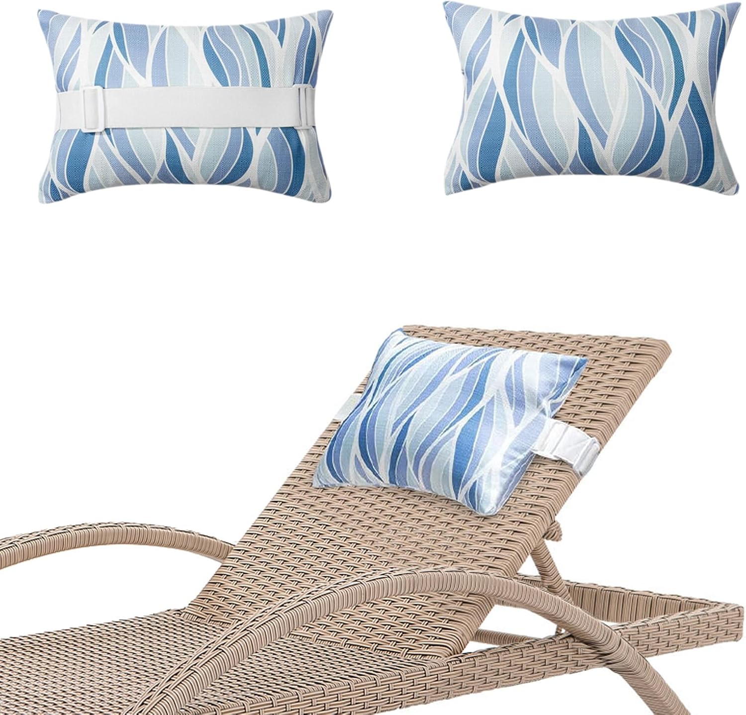 Chaise Lounge Head Pillow, 2 Pack Oudoor Patio Pillow with Elastic Strap Water Resistant Headrest Pillows for Recliner, Beach Chair, Office Chair Neck, Blue A