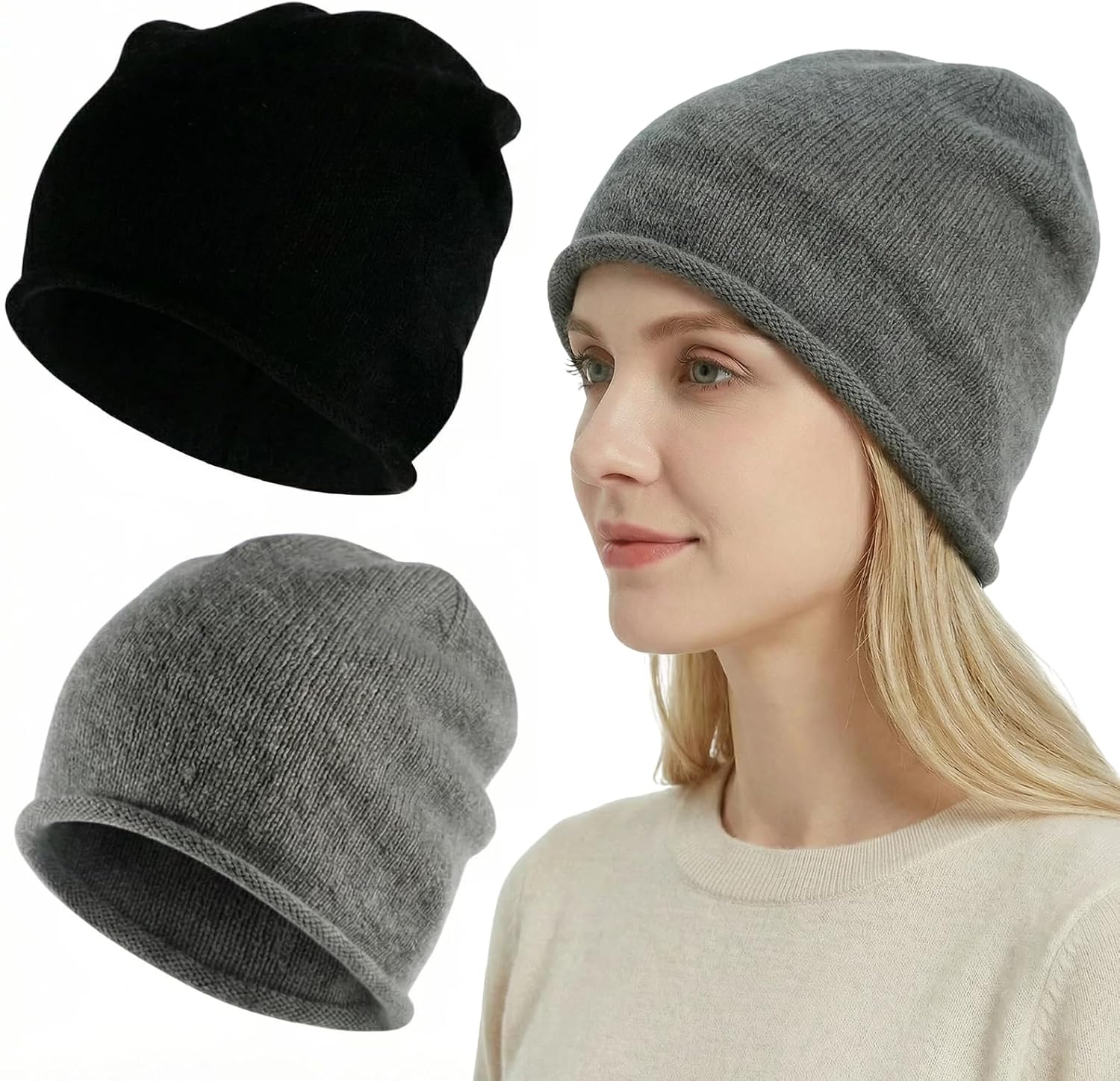 2-Pack Slouchy Beanie for Women, Classic Knit Winter Hats with Cuffed Edge, Soft Stretchy Beanies for Daily Wear & Travel