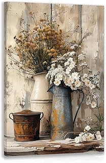 HLXRAE Framed Rustic Farmhouse Bathroom Wall Art, Vintage Country Floral Still Life Wall Decor, White Daisy Canvas Painting, Shabby Chic Flower Poster Print for Living Room Bedroom Kitchen 16"x24"