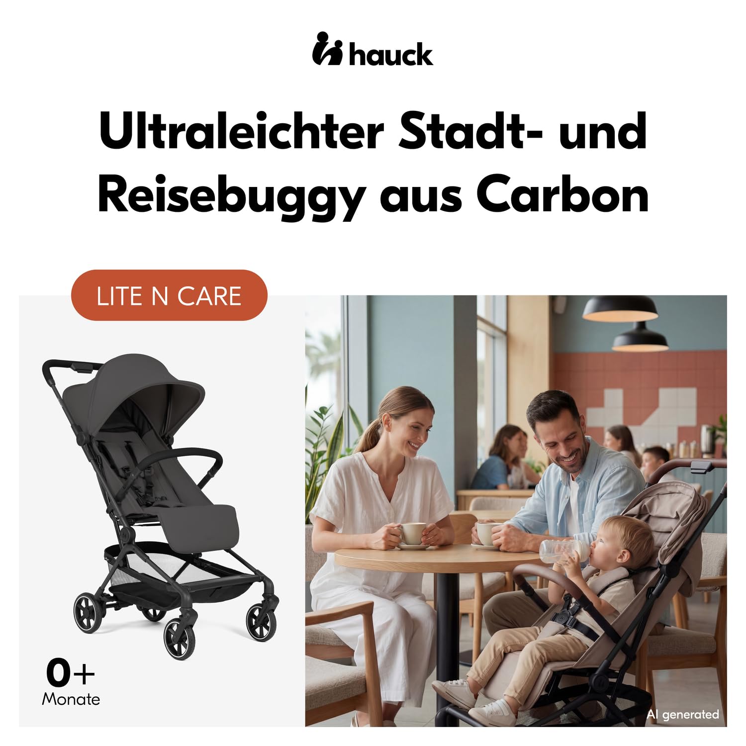 Hauck Lite N Care Ultraleichter Carbon City- & Reisebuggy, Klein Faltbar IATA-konform, Liegefunktion bis 22 kg, UPF 50+, Dark Anthracite
