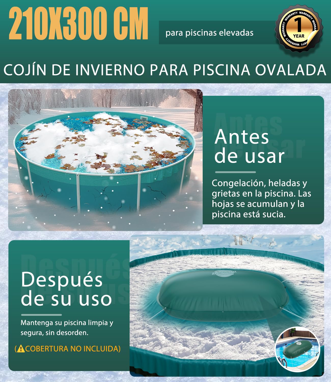 Angooni Cojín de piscina de invierno elíptico, 210 × 300 cm, XXL, cojín de aire para piscina con doble costura para cubrir la piscina, cojín para el invierno con válvula de inflación dual Boston