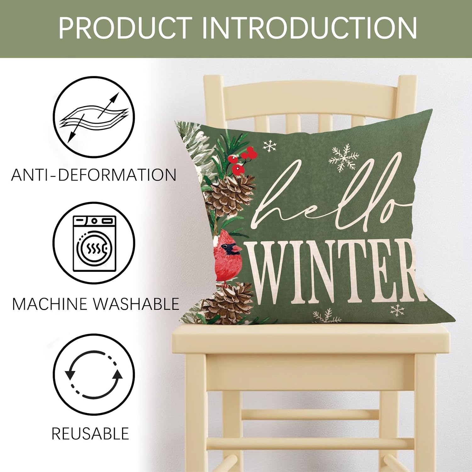 Hello Winter Cardinal Green Decorative Throw Pillow Covers image 3