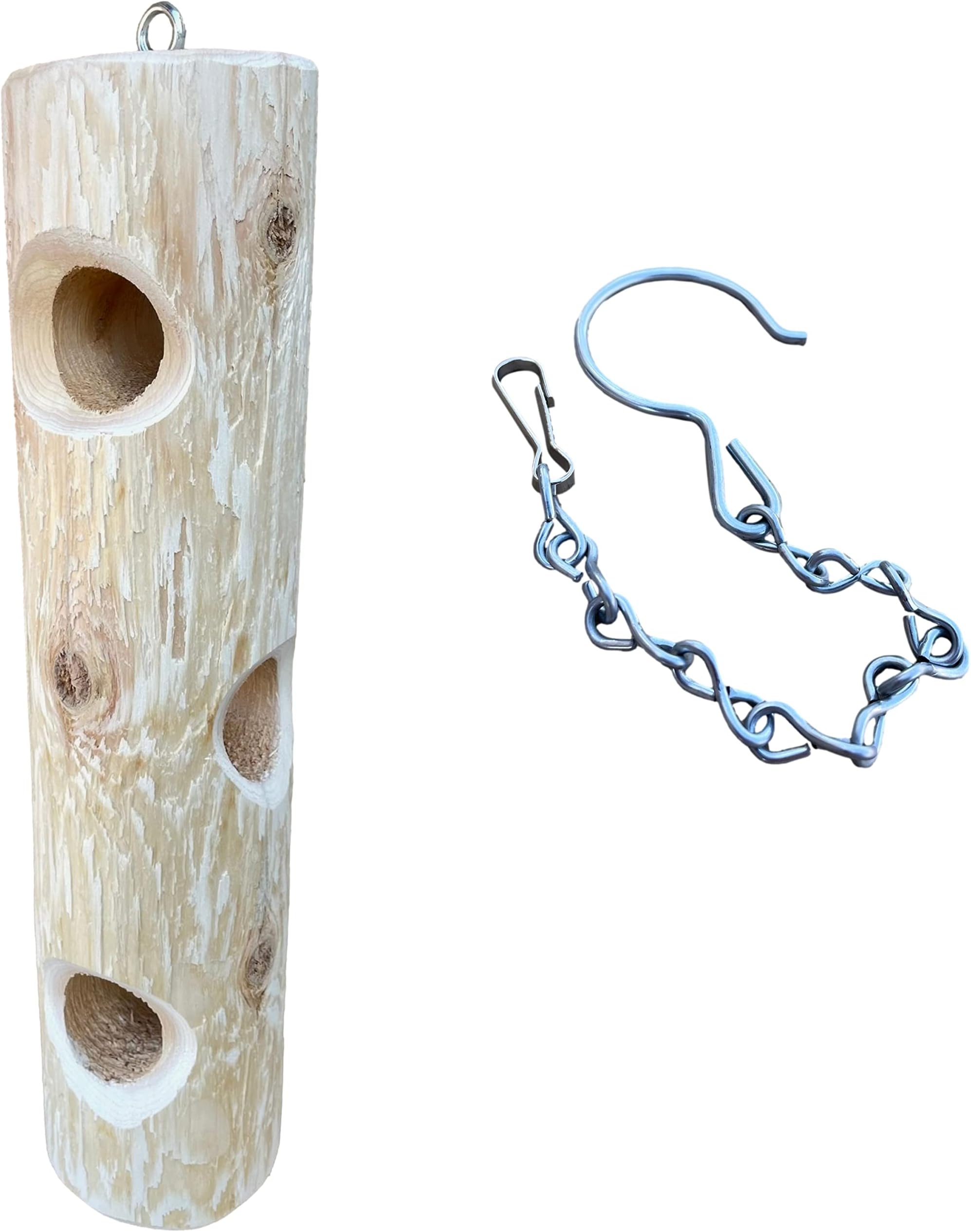 Natural Wood Log Suet Bird Feeder for Woodpeckers - 16 inch Outdoor Hanging Suet Feeder, Works with Suet Plugs, Suet Balls, Suet Cakes
